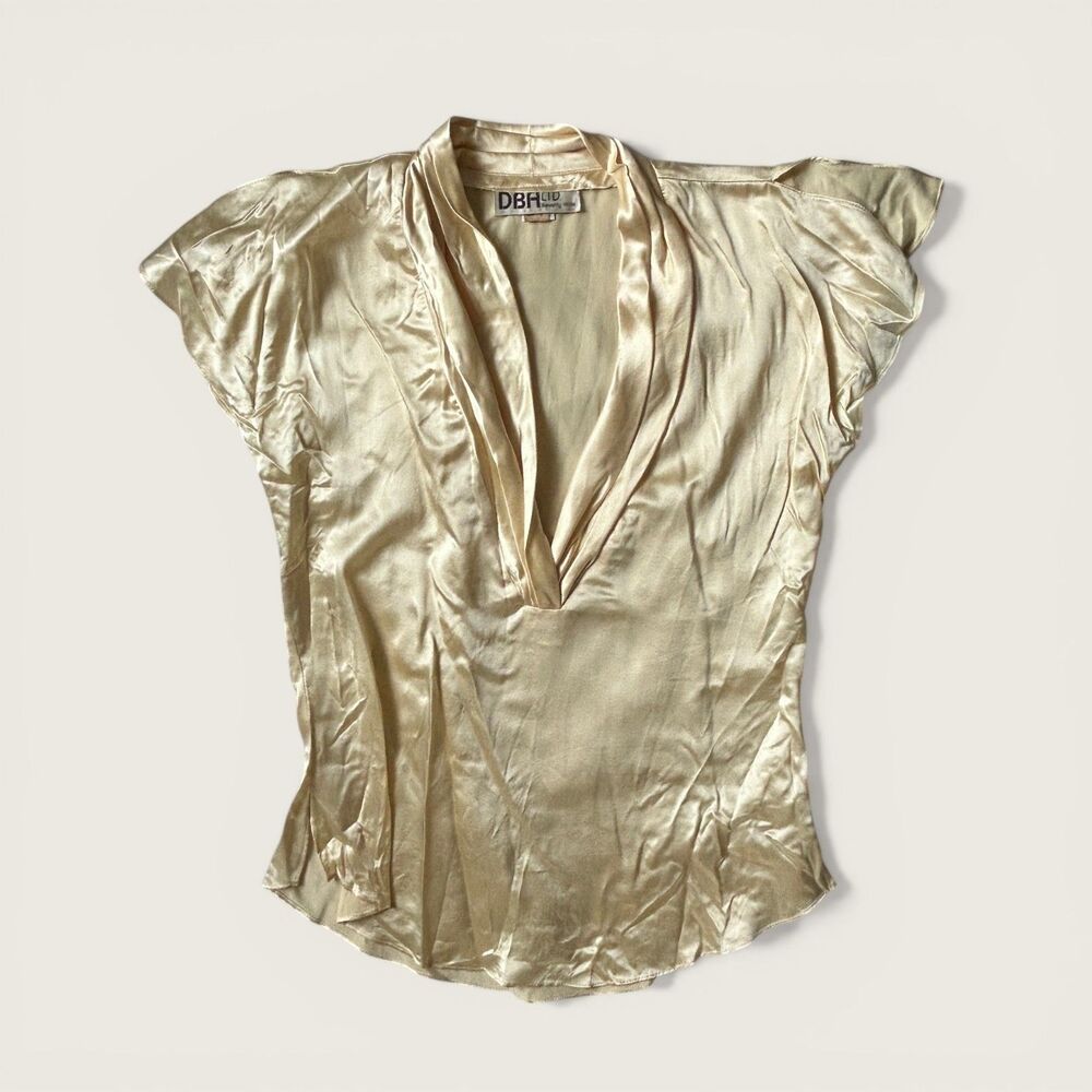 Vintage Yellow Cream 100% Silk Draped Blouse DBA Ltd Beverly Hills 80s Top Small